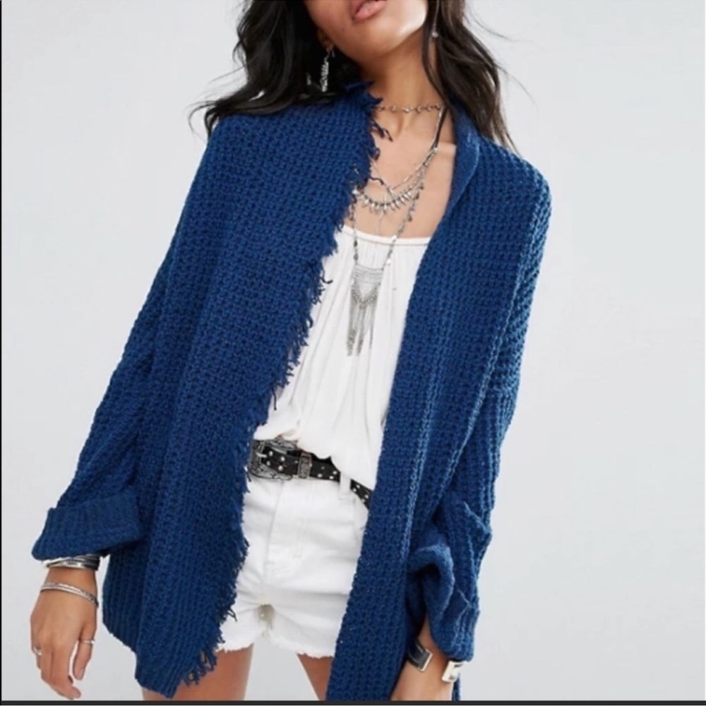 Free People Iβll Be Around blue fringe silk blend cardigan sweater size small